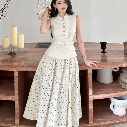 Sleeveless Faux Two-piece Spliced Polka-dot Dress