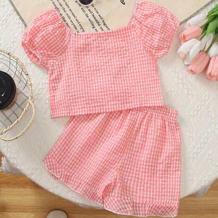 Meisjes 2-delige Fashion Casual Gestreept Geruit Pofmouw Top En Kanten Shorts Set, Koele Strandfeest Lente Zomer Cadeau, voor Buiten