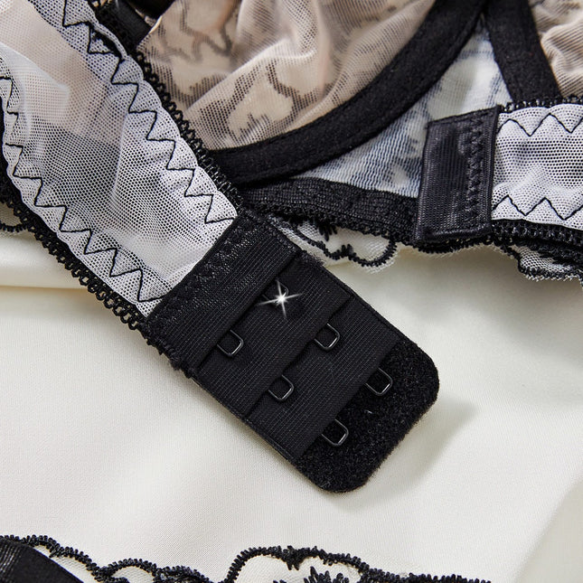 Three-point Gathering Bra Black Embroidery Sexy Underwear - XdropX