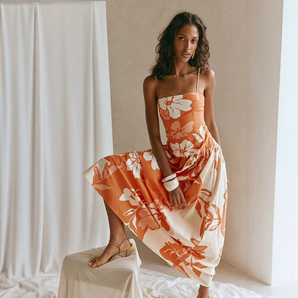 Printed Off-shoulder Slim-fit Strap Dress