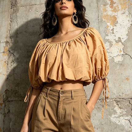 Off Shoulder Drawstring Puff Sleeve Cropped Blouse