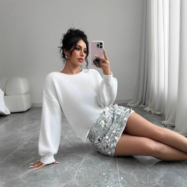 Fashionable Loose Knitted Sweater With Sequin Bow Accent - XdropX
