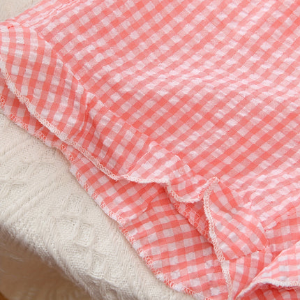 Meisjes 2-delige Fashion Casual Gestreept Geruit Pofmouw Top En Kanten Shorts Set, Koele Strandfeest Lente Zomer Cadeau, voor Buiten