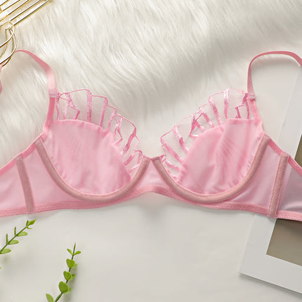 Lace Mesh Embroidered Lingerie, Transparent Ultra-thin Bra For Large Busts, Women's Underwear Set, Push-up Sexy Bra