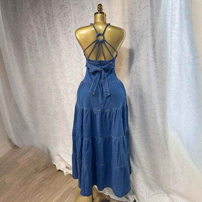 Fashionable V-neck Strapless Backless Denim Dress With Tie Detailing - XdropX