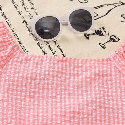 Meisjes 2-delige Fashion Casual Gestreept Geruit Pofmouw Top En Kanten Shorts Set, Koele Strandfeest Lente Zomer Cadeau, voor Buiten