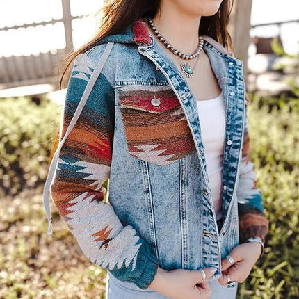 Retro Jacket With Hood And Pockets Denim Patchwork Contrast-color Coat