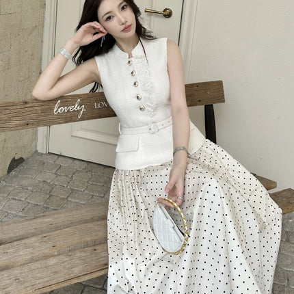 Sleeveless Faux Two-piece Spliced Polka-dot Dress