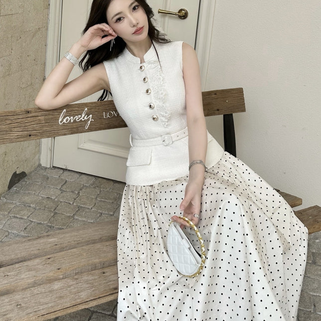 Sleeveless Faux Two-piece Spliced Polka-dot Dress - XdropX