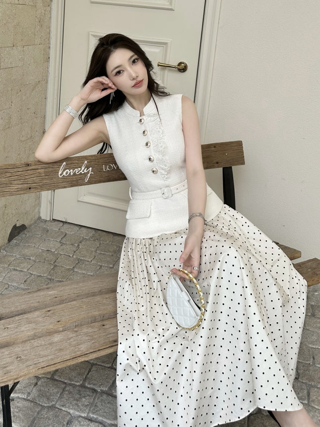 Sleeveless Faux Two-piece Spliced Polka-dot Dress - XdropX