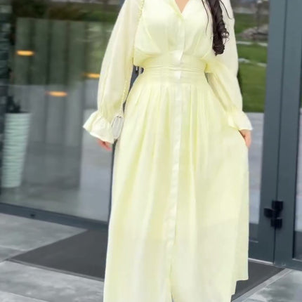 Puff Long Sleeve Gathered Waist Button Front Flowy Dress