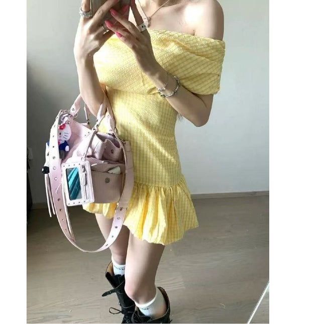 Off-shoulder Yellow Plaid Waist-cinching Tube Dress - XdropX