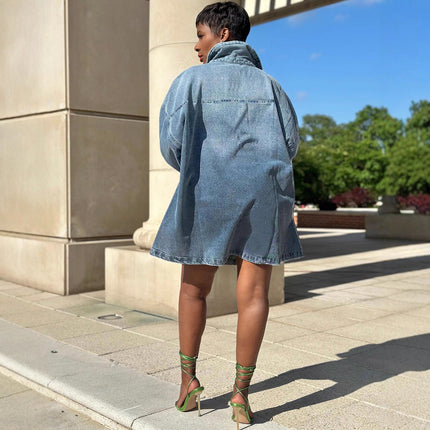 Womens Relaxed-Style Fashionable Denim Skirt With Notch Lapel Ombre Long Sleeves