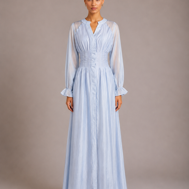 Puff Long Sleeve Gathered Waist Button Front Flowy Dress - XdropX