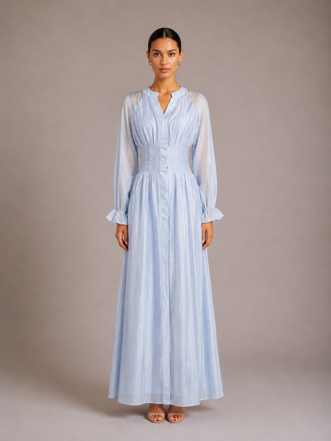 Puff Long Sleeve Gathered Waist Button Front Flowy Dress - XdropX