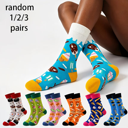 Willekeurig 1 paar/3 paar/5 paar uniseks trendy kuitkousen met etensthema met pizza-, hamburger- en ijsjespatronen, leuke en nieuwe modesokken voor alle seizoenen - XdropX