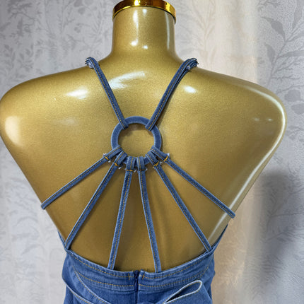 Fashionable V-neck Strapless Backless Denim Dress With Tie Detailing