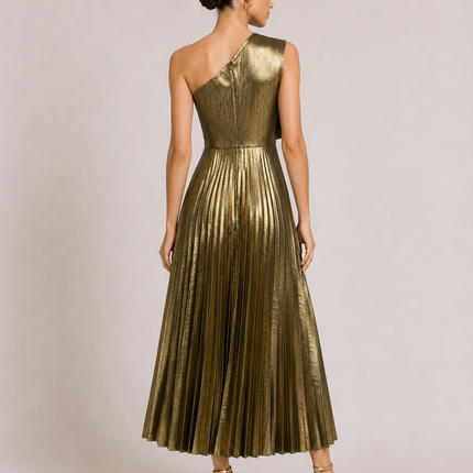 One Shoulder 3D Floral Applique Pleated Midi Evening Dress