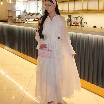 Puff Long Sleeve Gathered Waist Button Front Flowy Dress