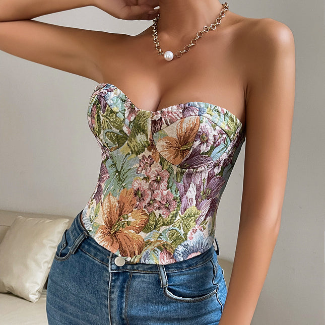 Y2K Floral Print Tube Vest Top With Back-tied Design INS Fashion Crop Corset Tank For Women Clothing - XdropX