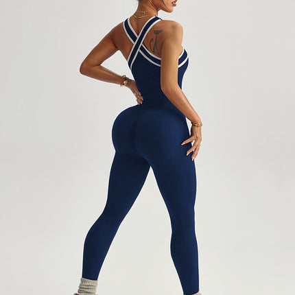 Cross Halter Contrast Trim Bodysuit Dames Pilates Professionele Sport Unitard Buikcontrole Butt Lift Stretch Strakke Dans Training Outfit Niche Off-The-Shoulder Sexy Hot Style Dagelijks Gebruik Gym Hardlopen Sneldrogende Ademende Unitard Sport Set