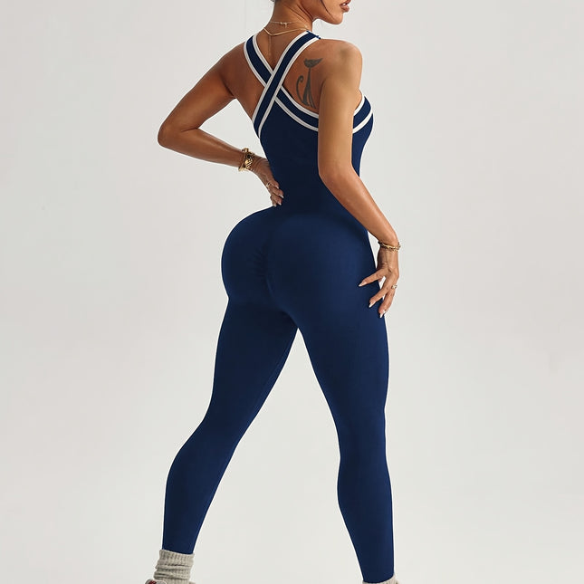 Cross Halter Contrast Trim Bodysuit Dames Pilates Professionele Sport Unitard Buikcontrole Butt Lift Stretch Strakke Dans Training Outfit Niche Off-The-Shoulder Sexy Hot Style Dagelijks Gebruik Gym Hardlopen Sneldrogende Ademende Unitard Sport Set - XdropX