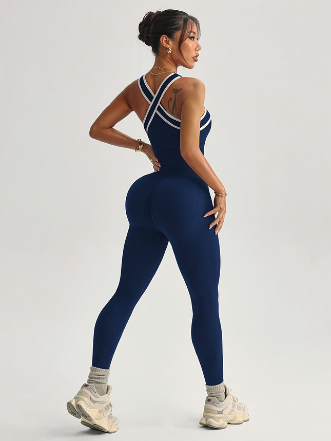 Cross Halter Contrast Trim Bodysuit Dames Pilates Professionele Sport Unitard Buikcontrole Butt Lift Stretch Strakke Dans Training Outfit Niche Off-The-Shoulder Sexy Hot Style Dagelijks Gebruik Gym Hardlopen Sneldrogende Ademende Unitard Sport Set - XdropX