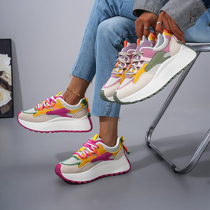 Dames Retro Color-Block Patchwork Platform Sneakers met Webbing - Stijlvol & Veelzijdig voor Lente/Zomer Dates & Woon-werkverkeer