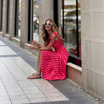 Womens Striped Printed Lace-Up Waist-Cinching Dress