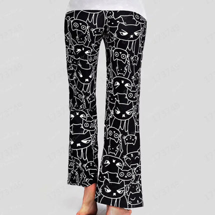 European And American Hot Digital Printing Cartoon Cat Pattern Bell-bottoms Wide Leg Pants For Women