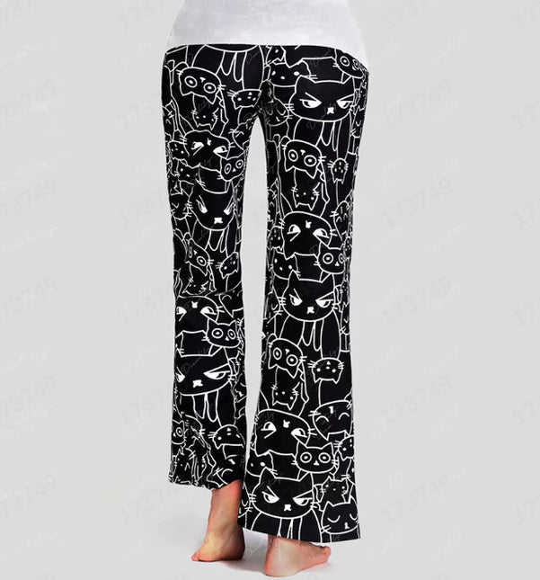 European And American Hot Digital Printing Cartoon Cat Pattern Bell-bottoms Wide Leg Pants For Women - XdropX