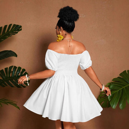 Womens Solid-color Plus-size Off-shoulder Midriff-baring Puff-sleeve Dress
