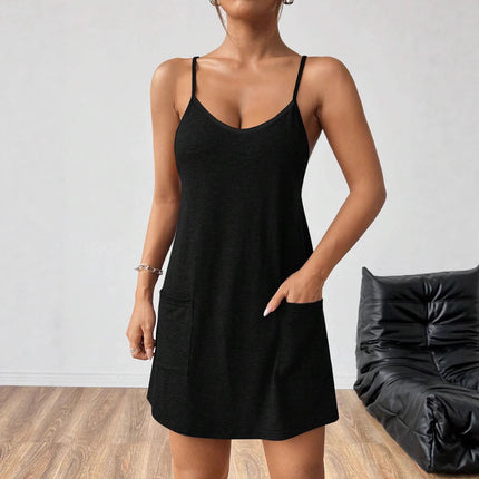 Womens Solid-color V-neck Elegant Strap Dress With Pockets