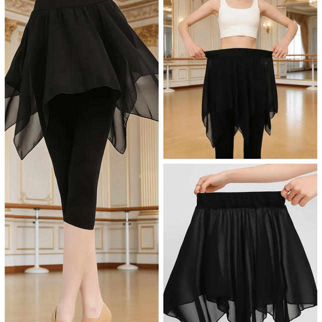 Dames Irregulaire Zoom Chiffon Dansrok, Hoge Taille Elastische Tailleband Flowy Mini Rok voor Ballet Moderne Jazz Oefening En Optreden, Zwart - XdropX