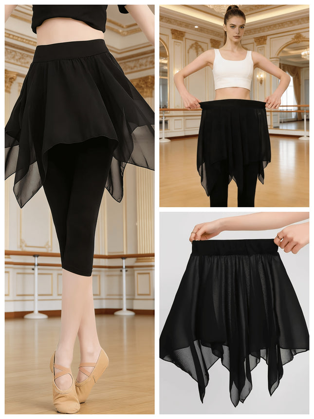 Dames Irregulaire Zoom Chiffon Dansrok, Hoge Taille Elastische Tailleband Flowy Mini Rok voor Ballet Moderne Jazz Oefening En Optreden, Zwart - XdropX