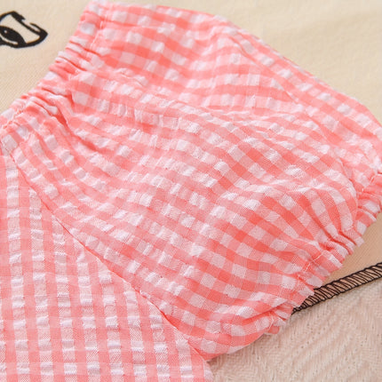 Meisjes 2-delige Fashion Casual Gestreept Geruit Pofmouw Top En Kanten Shorts Set, Koele Strandfeest Lente Zomer Cadeau, voor Buiten