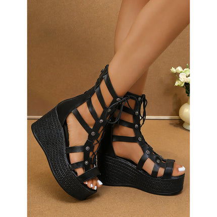 Modieuze damessandalenlaarzen met sleehak, nieuwe zomerstijl, Romeinse hoge sandalen met dikke zool, open enkellaarzen met holle veters en open teen, plateauzool en open teen met gaas, damesschoenen