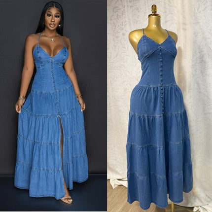 Fashionable V-neck Strapless Backless Denim Dress With Tie Detailing