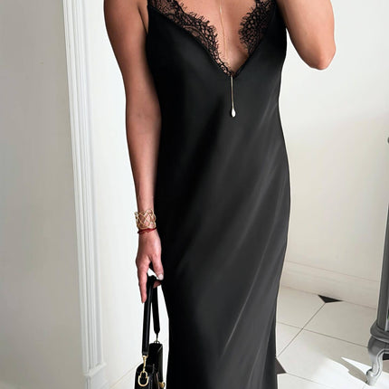 Lace Trim V-Neck Spaghetti Strap Maxi Slip Dress