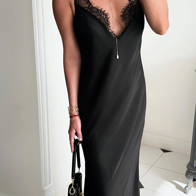 Lace Trim V-Neck Spaghetti Strap Maxi Slip Dress - XdropX