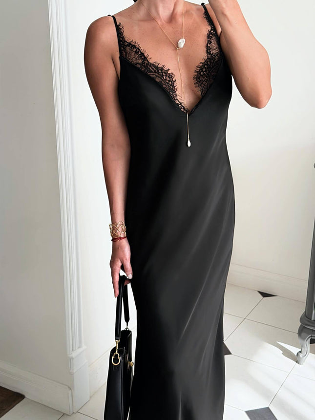 Lace Trim V-Neck Spaghetti Strap Maxi Slip Dress - XdropX