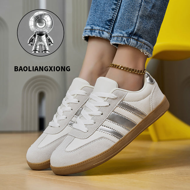 Dames Retro Gazelle Stijl Sneakers, Witte Bovenkant Metallic Zilverkleurige 3 Strepen Vetersluiting Platte Casual Schoenen, Kauwgom Zool Lichtgewicht Wandelschoenen voor Dagelijks Woon-werkverkeer Street Fashion, Dames Schoenen - XdropX