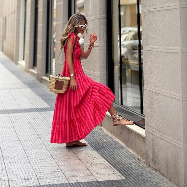 Womens Striped Printed Lace-Up Waist-Cinching Dress - XdropX