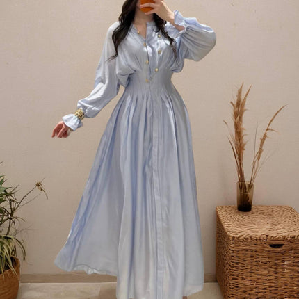Puff Long Sleeve Gathered Waist Button Front Flowy Dress