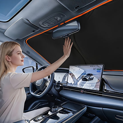 Zonnescherm voor Autovoorruit – Reflecterende Stof met Hoge Dichtheid, Naadloze Pasvorm over de Volledige Rand, Boorvrije UV-Blokkerende Zonnekap voor Interieurbescherming & Privacy, Vouwt Compact op in Deuropbergvak, Universele Pasvorm voor Sedan, SUV,