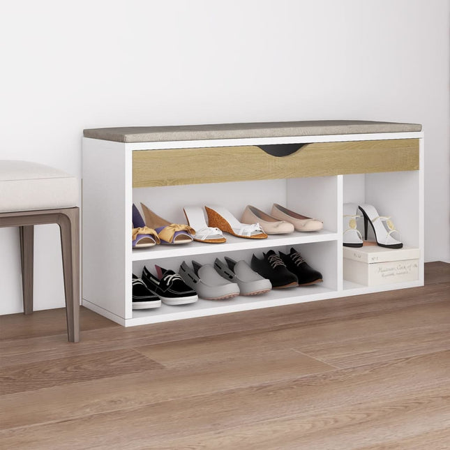 Schoenenbank En Kussen 104X30X49 Cm Hout Wit Sonoma Eiken - XdropX
