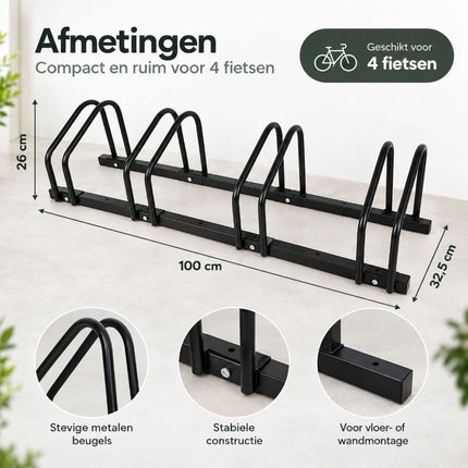 Ceruzo Fietsenrek Voor 4 Fietsen - 100 Cm - Vloermontage - Zwart - XdropX