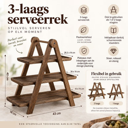 Ceruzo Serveerrek Hout - 3 Laags - 40 Cm - XdropX