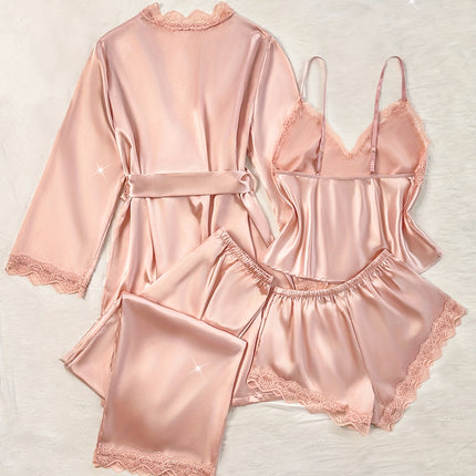 5-delige effen satijnen kanten patchwork pyjamaset, lange mouwen badjas en V-hals halter en shorts en broek en riem, elegante dames pyjama's en loungewear