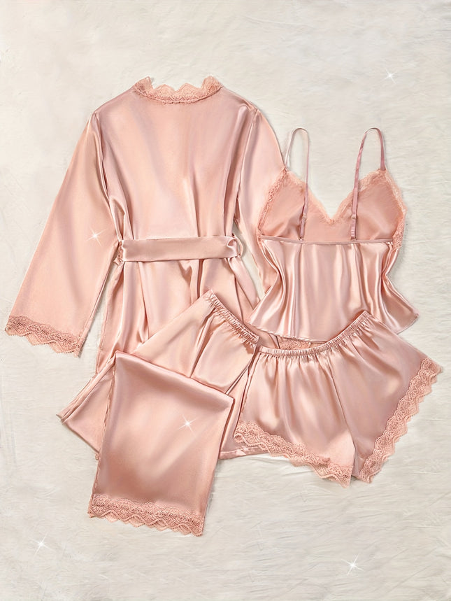 5-delige effen satijnen kanten patchwork pyjamaset, lange mouwen badjas en V-hals halter en shorts en broek en riem, elegante dames pyjama's en loungewear - XdropX
